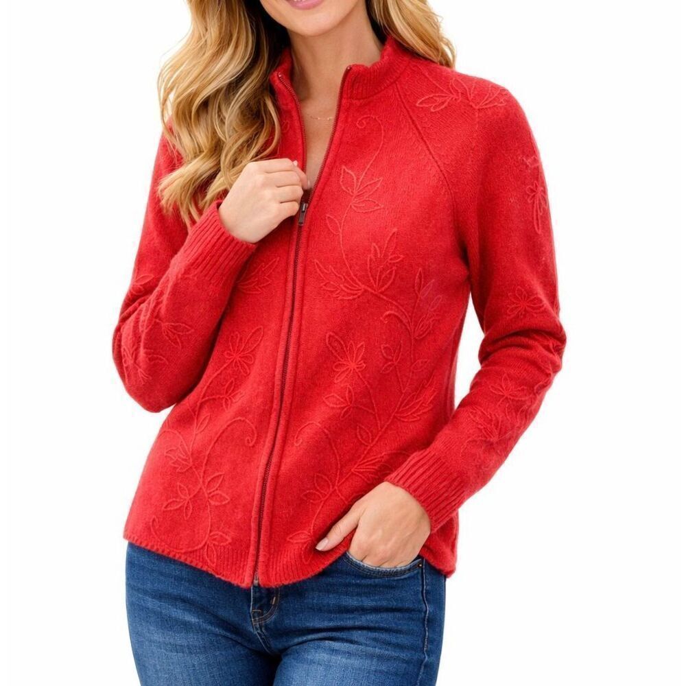 Rosanna 100% Lambswool Vintage embroidered floral zip front orange sweater L
